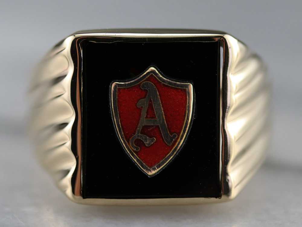 Vintage Onyx and Enamel "A" Initial Ring - image 2