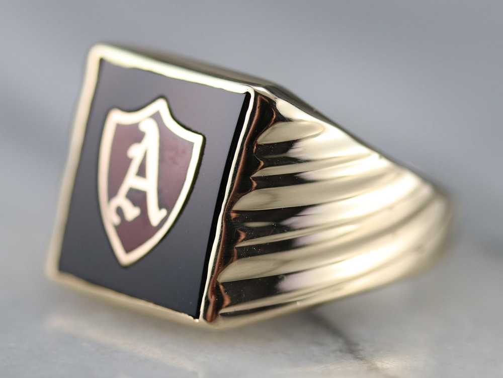Vintage Onyx and Enamel "A" Initial Ring - image 3