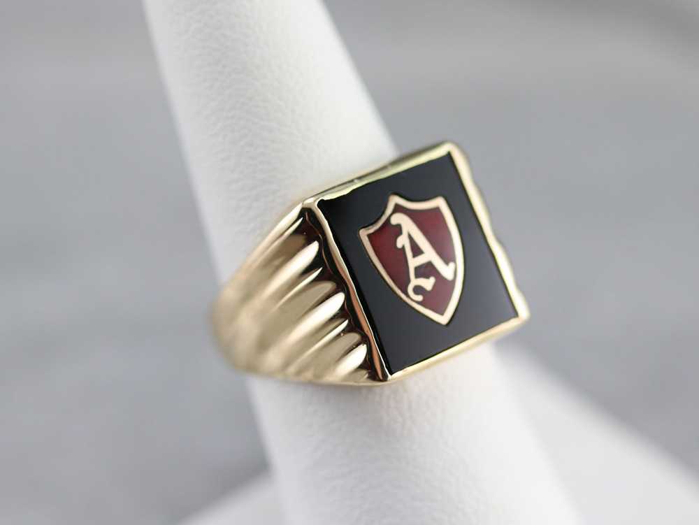 Vintage Onyx and Enamel "A" Initial Ring - image 7
