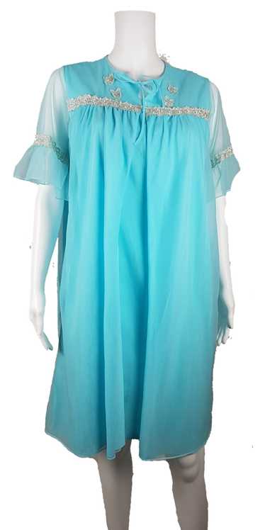 Vintage 60's Azure Blue Peignoir Slip & Robe Linge