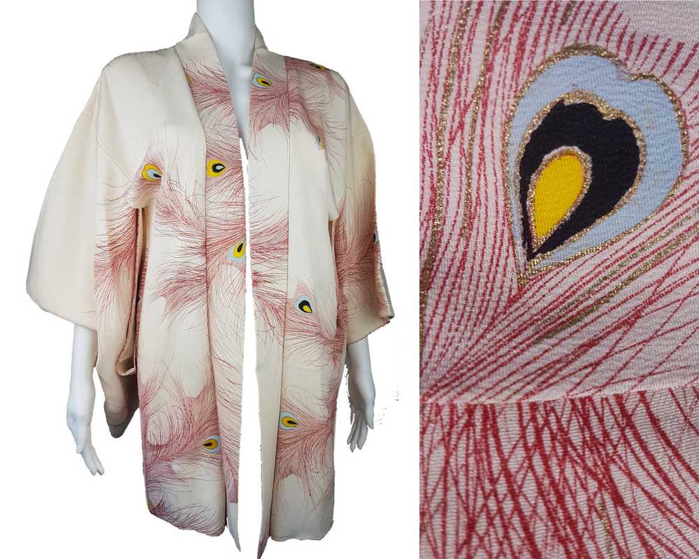 Vintage 60s | Silk Haori Kimono Robe | Red Peacoc… - image 2