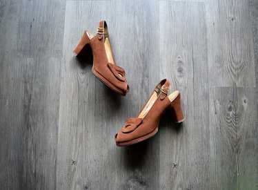 1940s platform shoes . vintage 40s brown suede he… - image 1