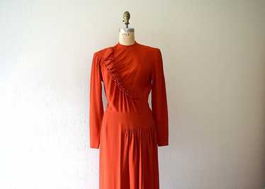 Red 1940s dress . vintage 40s ruffled rayon dress - image 1