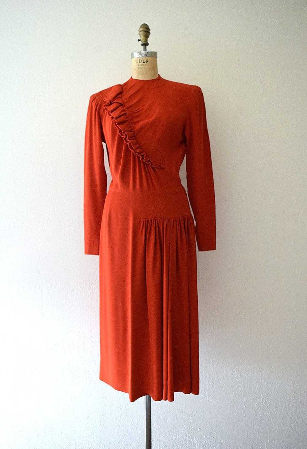 Red 1940s dress . vintage 40s ruffled rayon dress - image 2