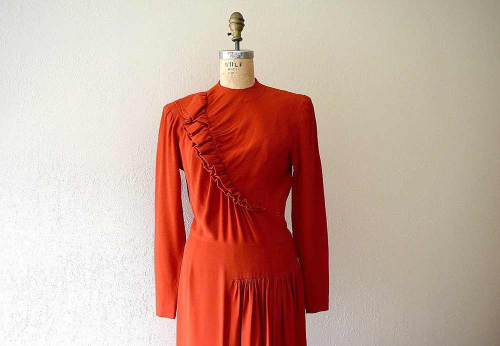 Red 1940s dress . vintage 40s ruffled rayon dress - image 4