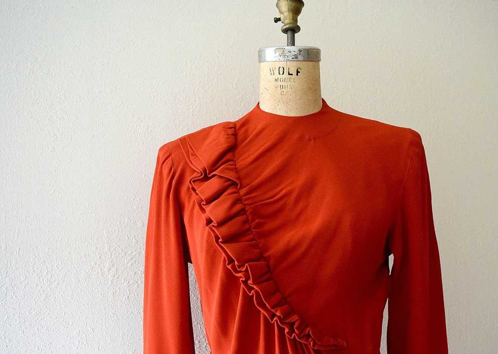 Red 1940s dress . vintage 40s ruffled rayon dress - image 5