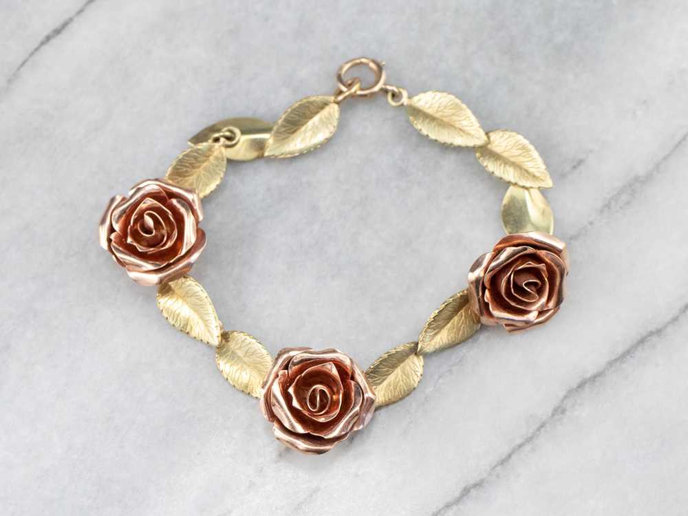 Two Tone Gold Retro Era Rose Link Bracelet - image 2