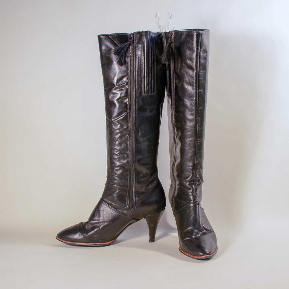 70s Black Leather Boots, Tall High Heel Boot Cobb… - image 6