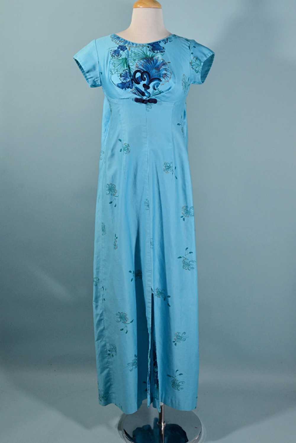 Vintage Beautiful Blue 50s Hawaiian Maxi Dress, W… - image 1