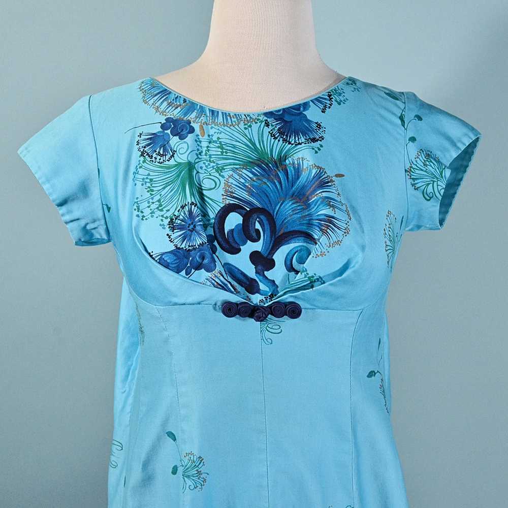 Vintage Beautiful Blue 50s Hawaiian Maxi Dress, W… - image 2