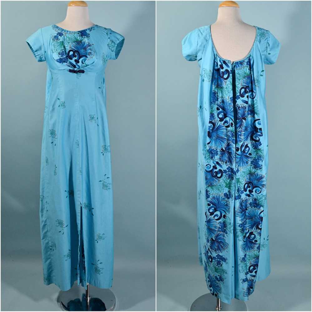 Vintage Beautiful Blue 50s Hawaiian Maxi Dress, W… - image 3