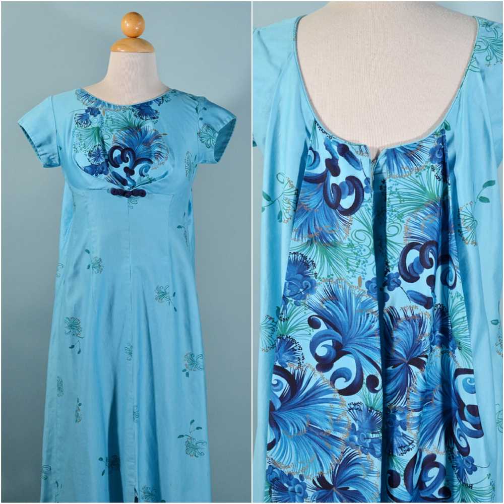 Vintage Beautiful Blue 50s Hawaiian Maxi Dress, W… - image 6