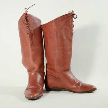 Vintage 80s Caramel Leather Lace Up Pull on Boots… - image 1