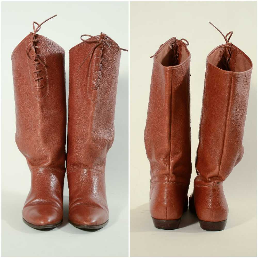 Vintage 80s Caramel Leather Lace Up Pull on Boots… - image 7