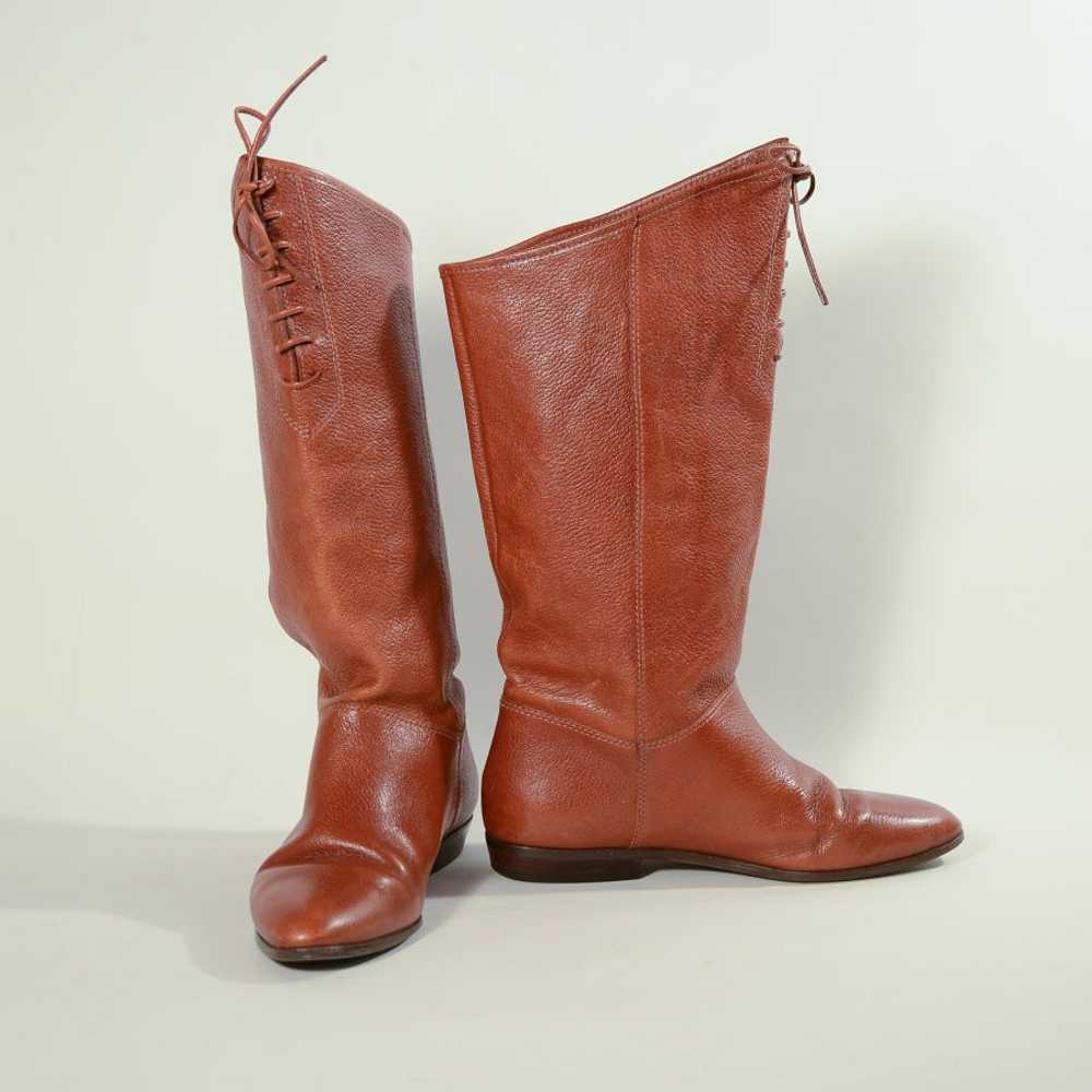 Vintage 80s Caramel Leather Lace Up Pull on Boots… - image 9