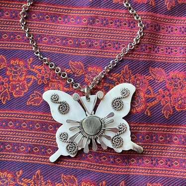 Vintage 60s/70s Butterfly Pendant Necklace, Handc… - image 1