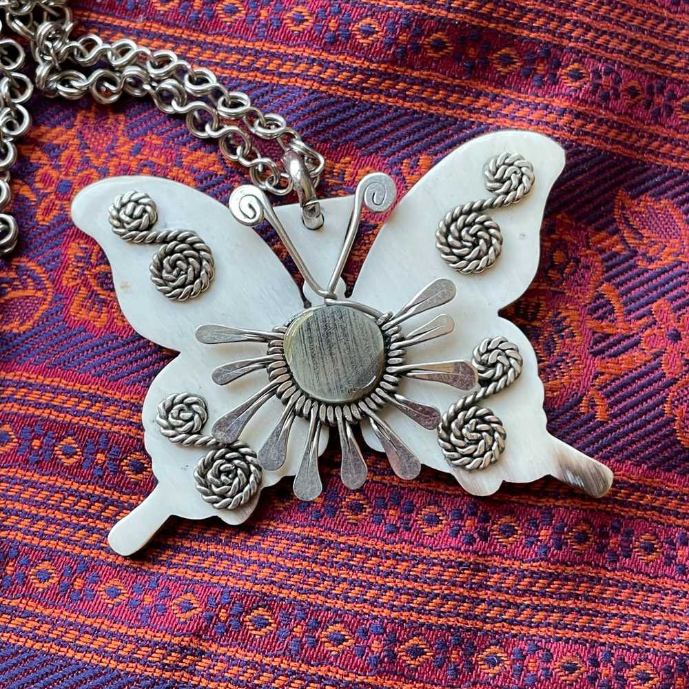 Vintage 60s/70s Butterfly Pendant Necklace, Handc… - image 3