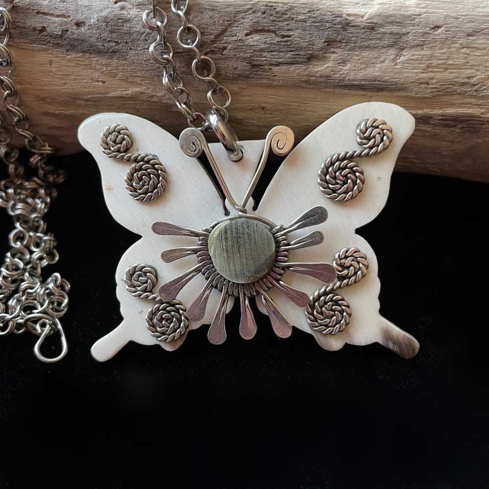 Vintage 60s/70s Butterfly Pendant Necklace, Handc… - image 7