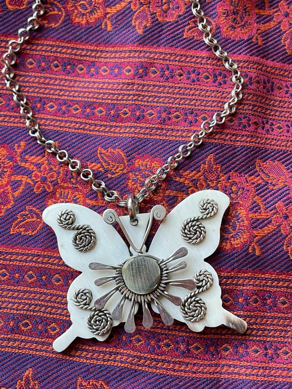 Vintage 60s/70s Butterfly Pendant Necklace, Handc… - image 8