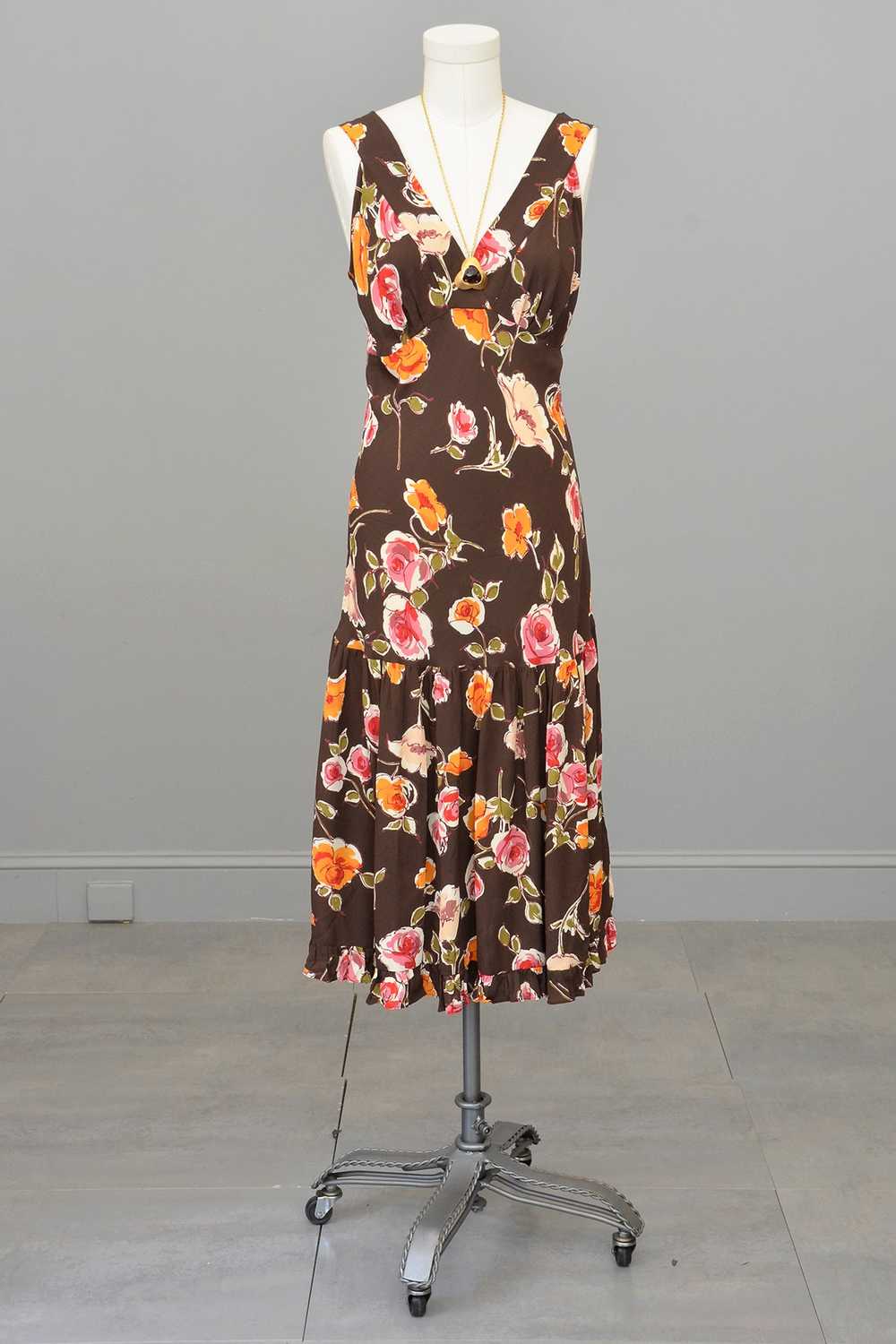 1970s or 90s doing 30s Brown Floral Print Bias St… - image 11