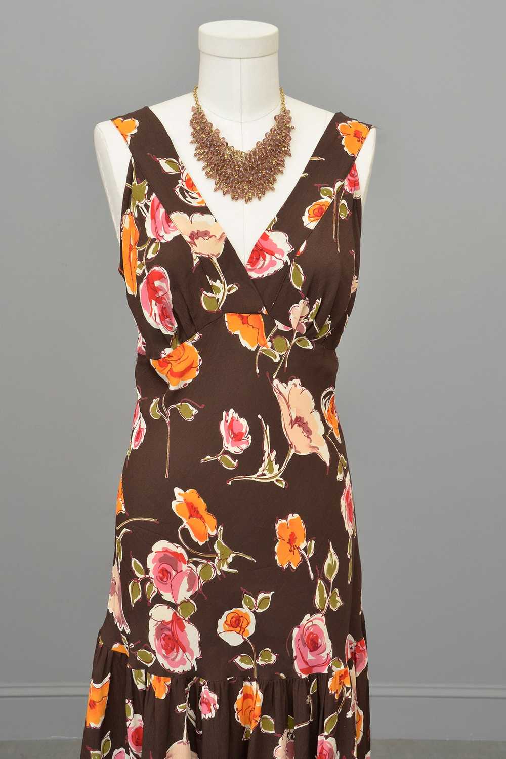 1970s or 90s doing 30s Brown Floral Print Bias St… - image 8