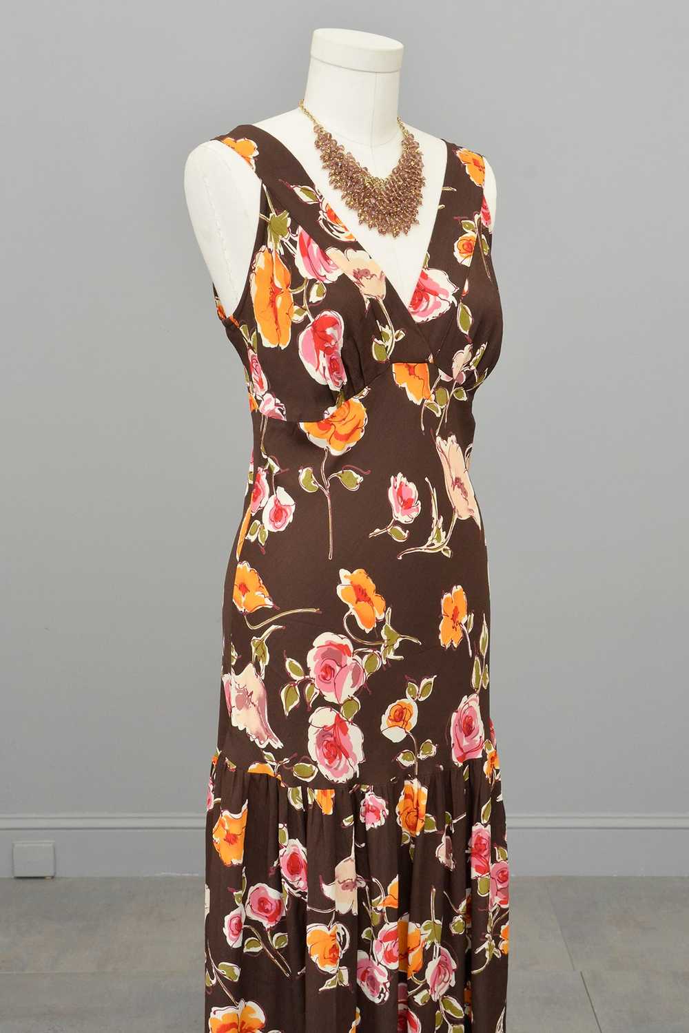 1970s or 90s doing 30s Brown Floral Print Bias St… - image 9