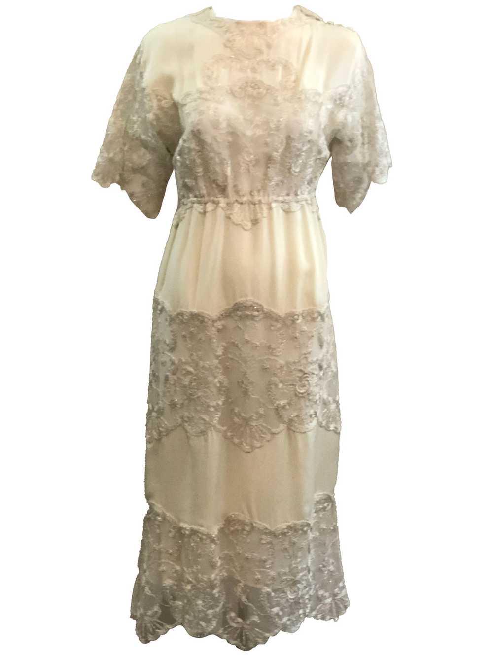 Sant Angelo Dress 70s Ivory Crepe and Silver Shot… - image 1