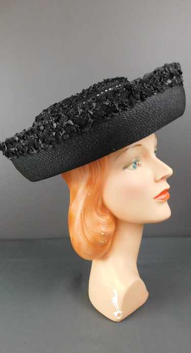 Vintage Black Straw Hat with Curled Brim, 1960s fi