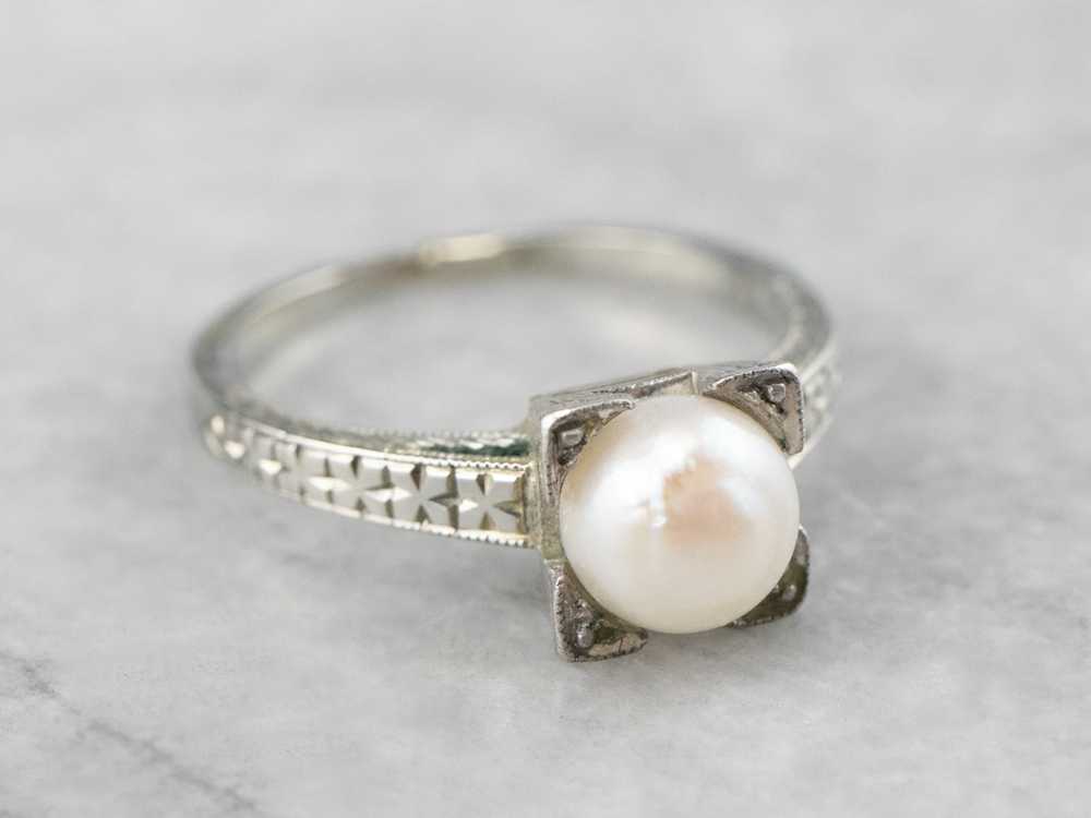 Art Deco Pearl White Gold Solitaire Ring - image 1