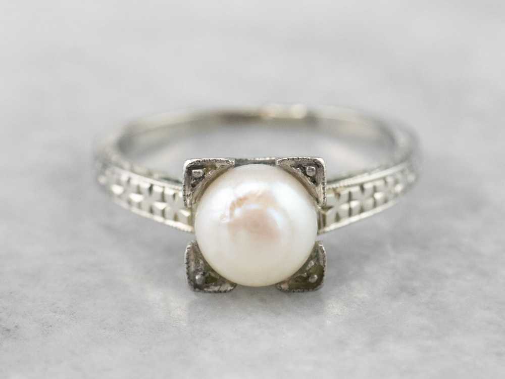 Art Deco Pearl White Gold Solitaire Ring - image 2