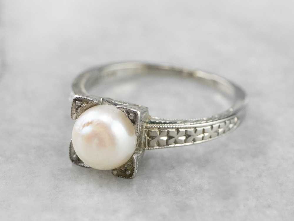 Art Deco Pearl White Gold Solitaire Ring - image 3