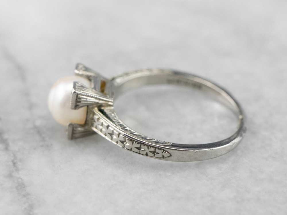 Art Deco Pearl White Gold Solitaire Ring - image 4