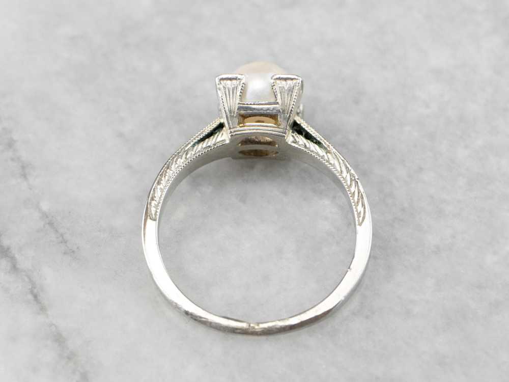 Art Deco Pearl White Gold Solitaire Ring - image 5