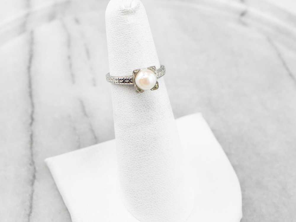 Art Deco Pearl White Gold Solitaire Ring - image 7