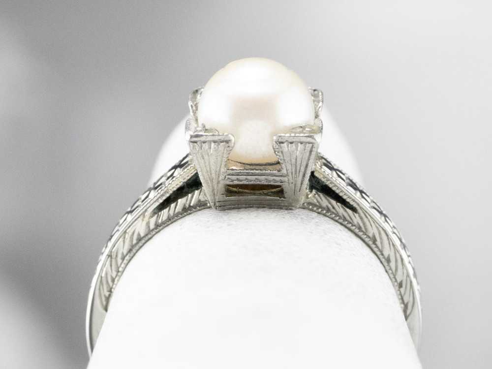Art Deco Pearl White Gold Solitaire Ring - image 8