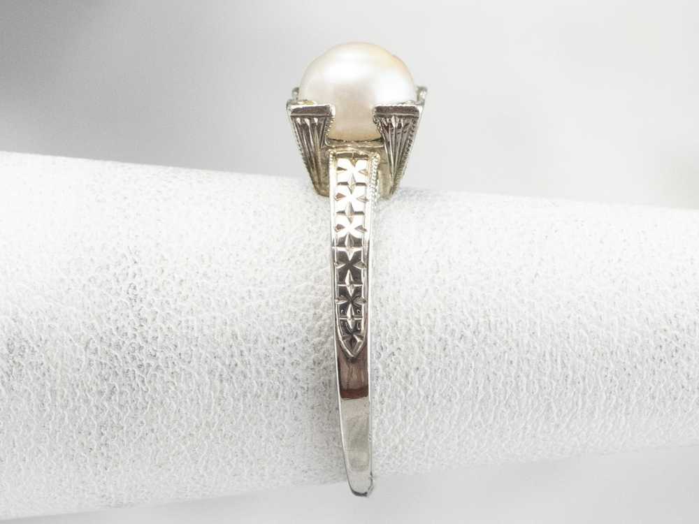 Art Deco Pearl White Gold Solitaire Ring - image 9