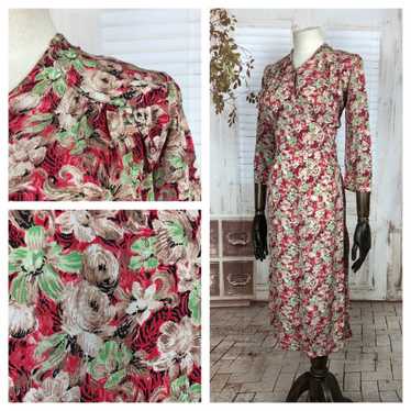 Original 1940s 40s Vintage Red Green And Brown Fl… - image 1