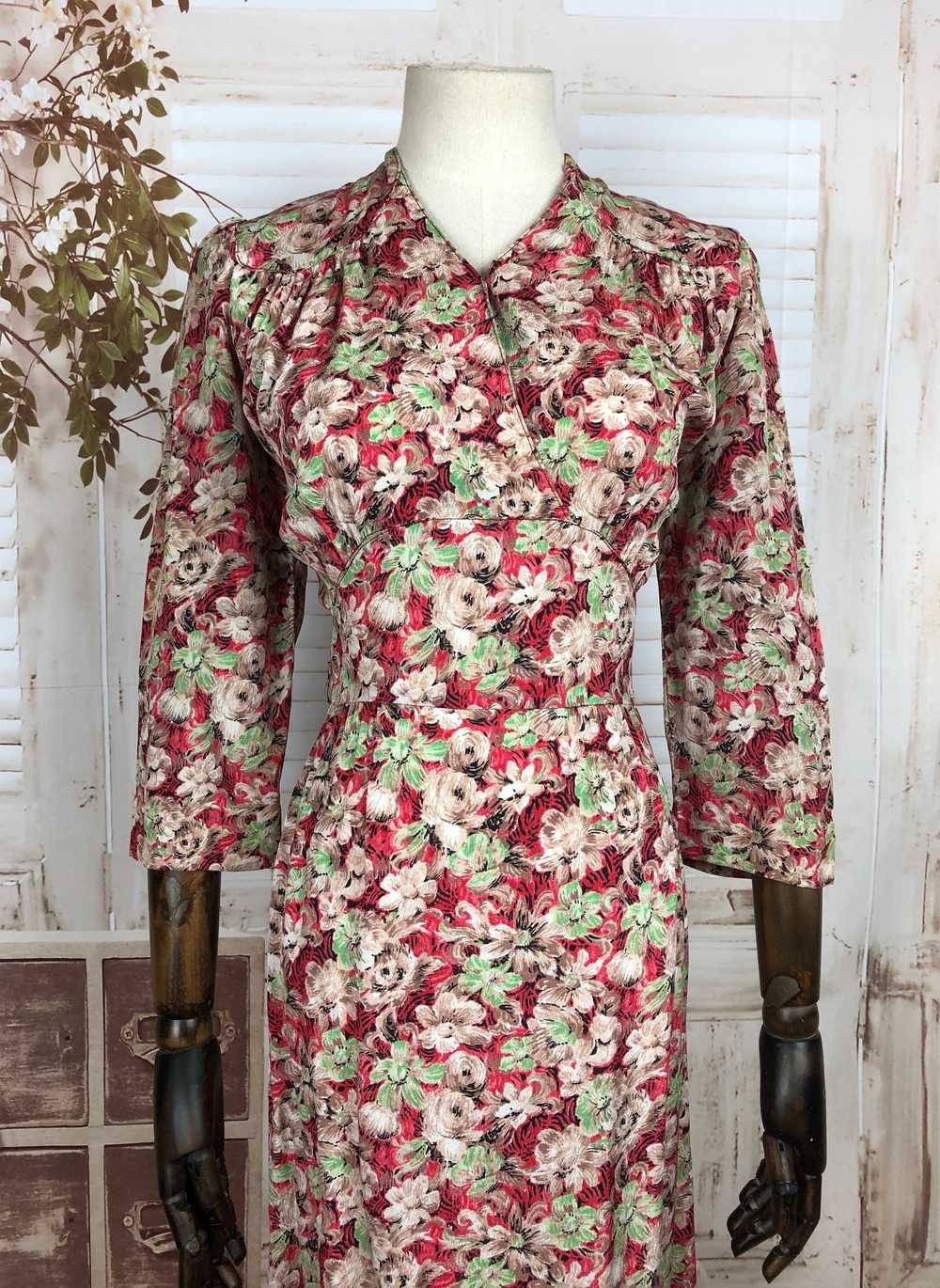 Original 1940s 40s Vintage Red Green And Brown Fl… - image 6