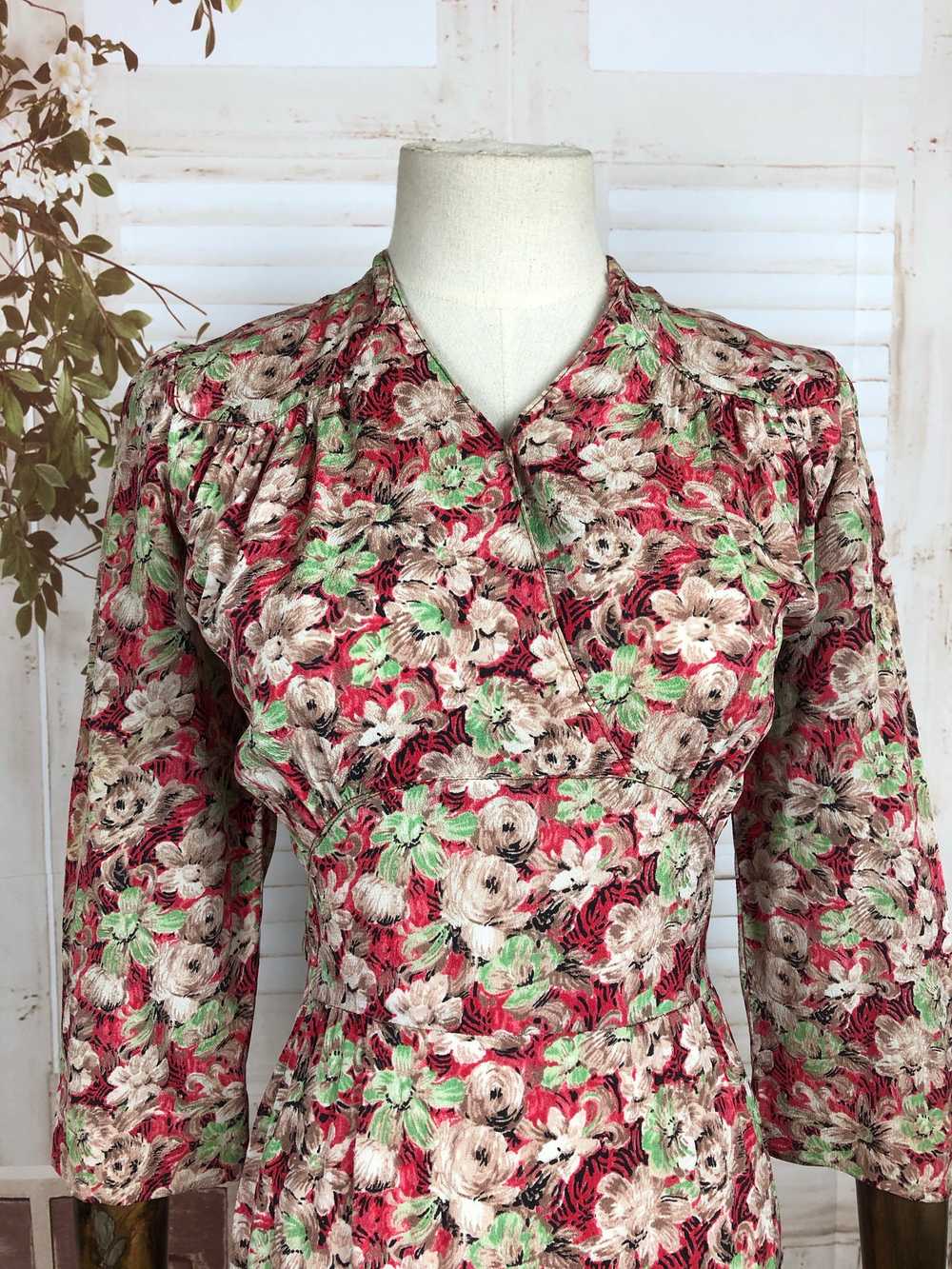 Original 1940s 40s Vintage Red Green And Brown Fl… - image 7