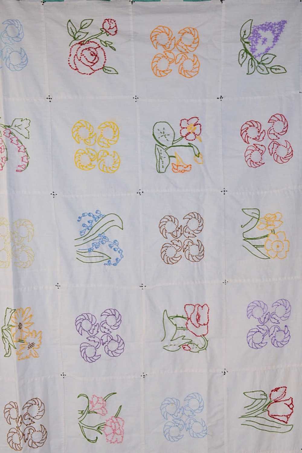 Vintage Hand Made Coverlet Embroidered Flower Squ… - image 7