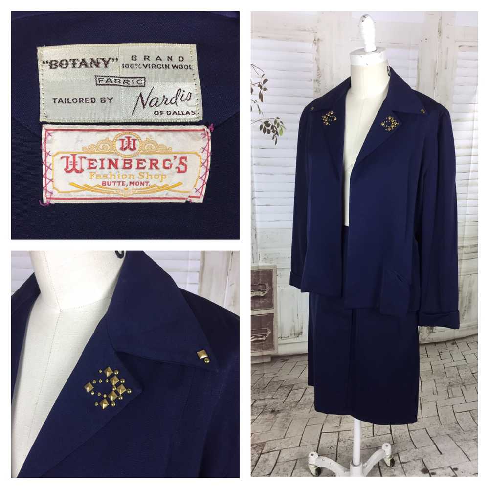 Original 1950s Navy Blue Vintage Wool Skirt Suit … - image 1