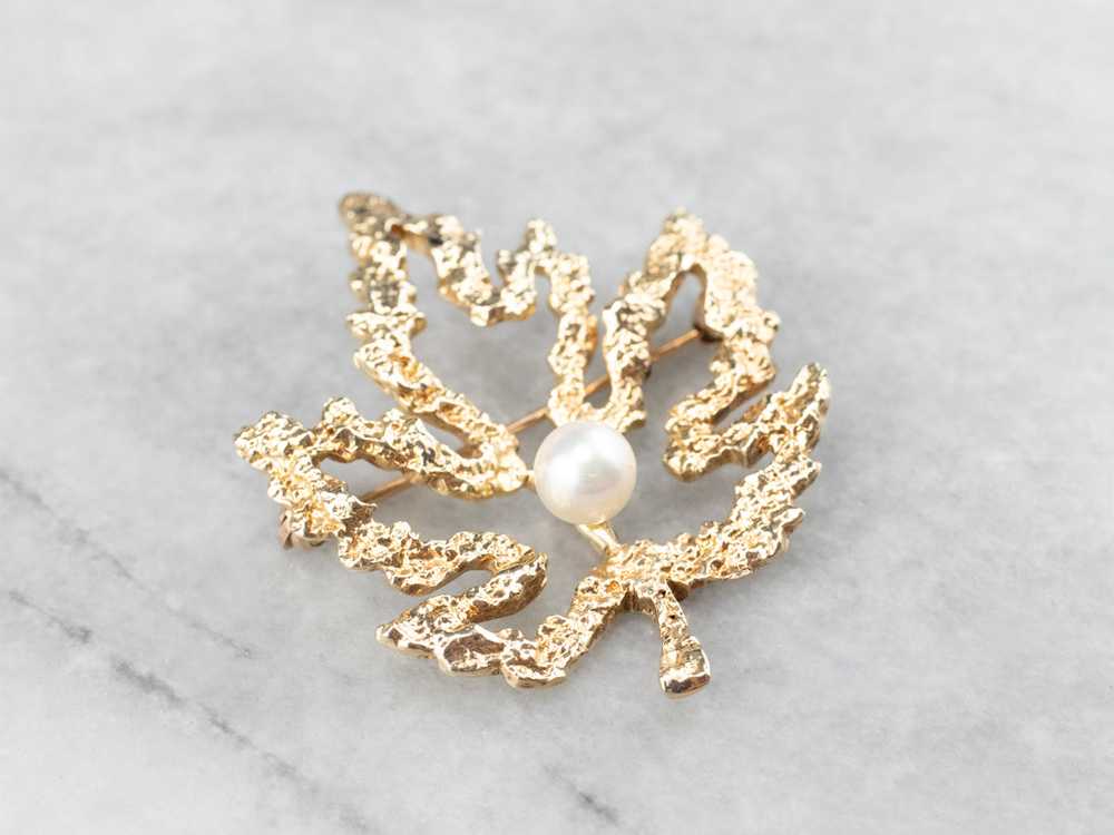 Vintage Gold and Pearl Maple Leaf Brooch - image 1