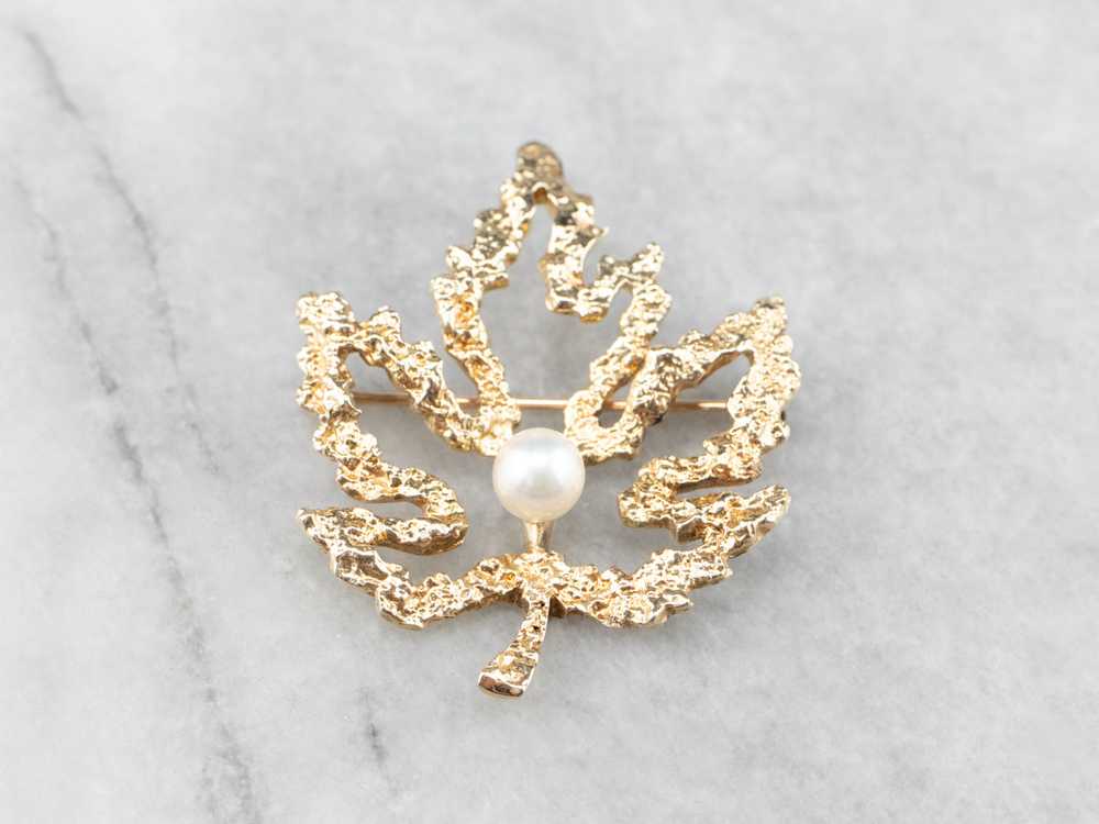 Vintage Gold and Pearl Maple Leaf Brooch - image 2