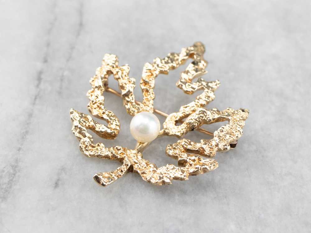 Vintage Gold and Pearl Maple Leaf Brooch - image 3