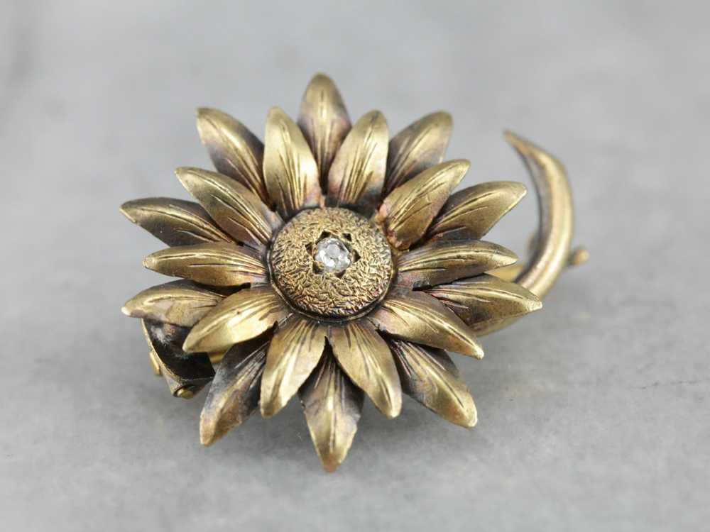 Art Nouveau Old Mine Cut Diamond Sunflower Pin - image 1