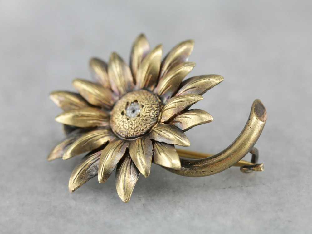 Art Nouveau Old Mine Cut Diamond Sunflower Pin - image 2