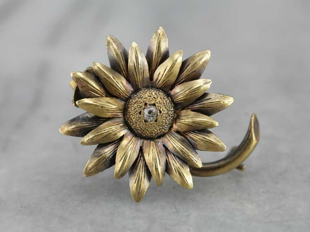 Art Nouveau Old Mine Cut Diamond Sunflower Pin - image 4