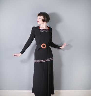 30s 40s BLACK CREPE EVENING DRESS WITH BEADED PEPL