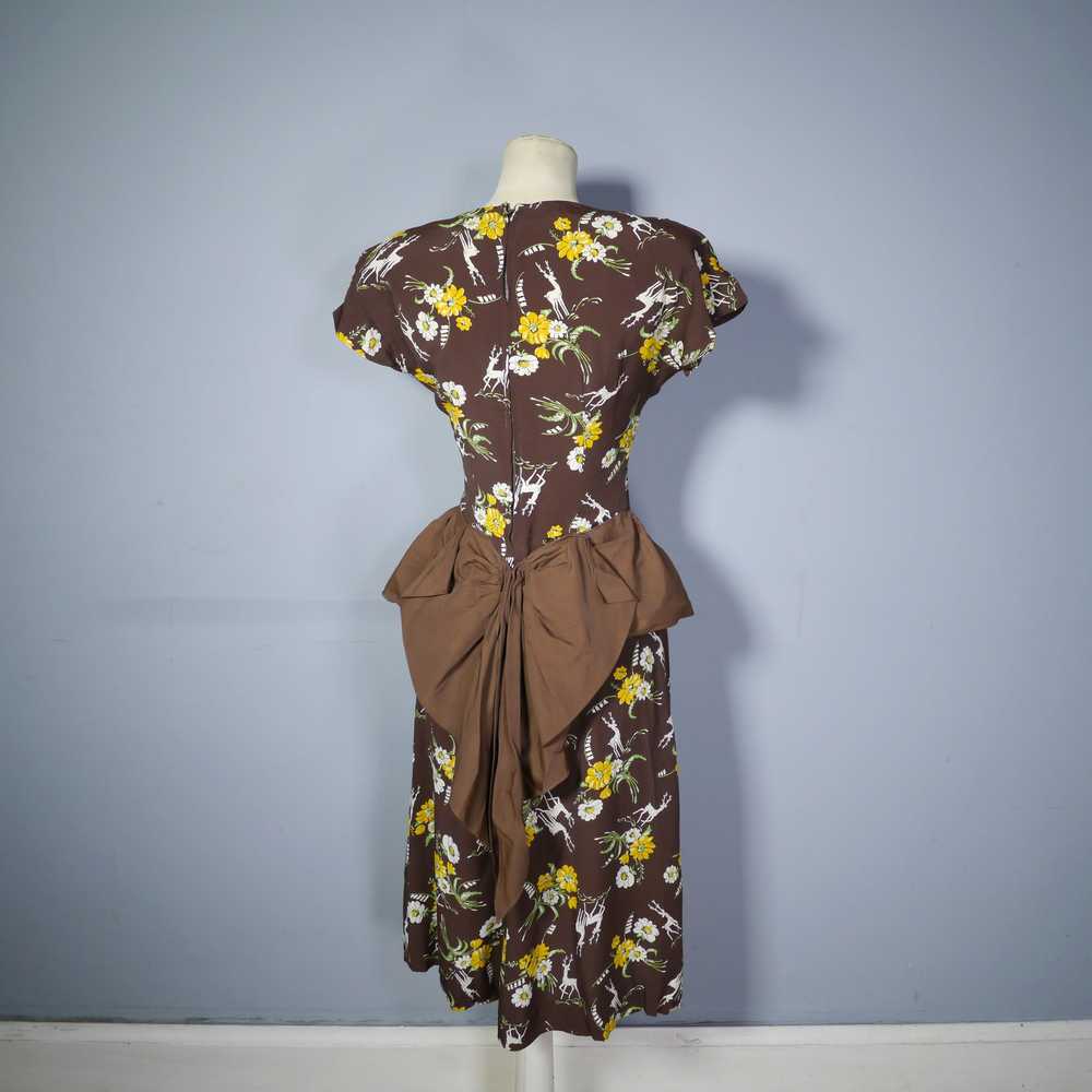 40s NOVELTY DEER AND FLOWER PRINT BROWN RAYON DRE… - image 10