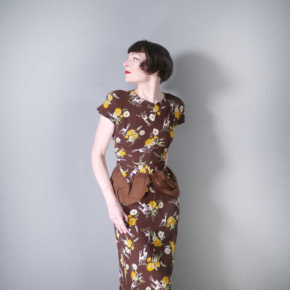 40s NOVELTY DEER AND FLOWER PRINT BROWN RAYON DRE… - image 2